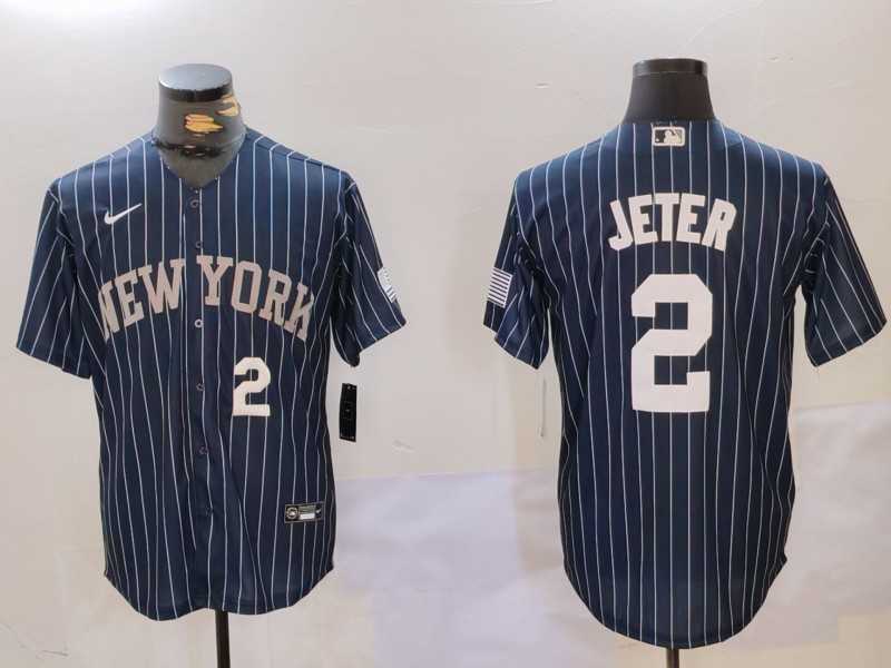 Mens New York Yankees #2 Derek Jeter Navy Pinstripe Fashion Cool Base Jerseys